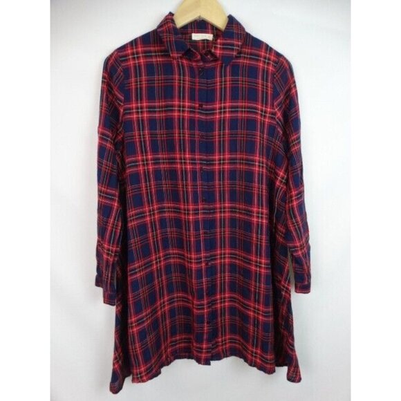 Miss Love  Womens Tunic Top Size Medium Red Plaid Long Sleeve Button Down Shirt - Picture 1 of 8
